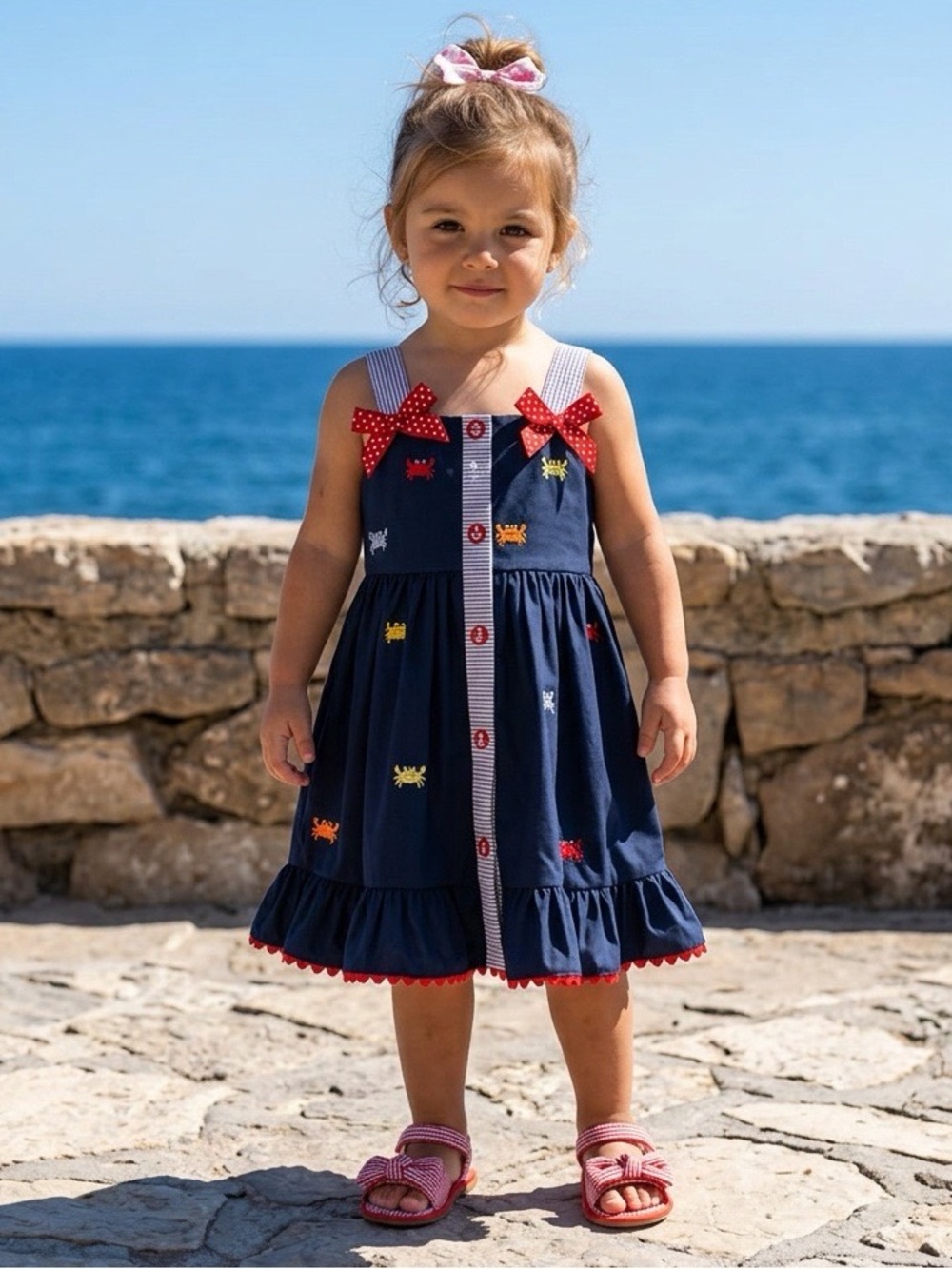 Goodlad Girls 3T Nautical Crab Embroidered Sundress Navy Red
